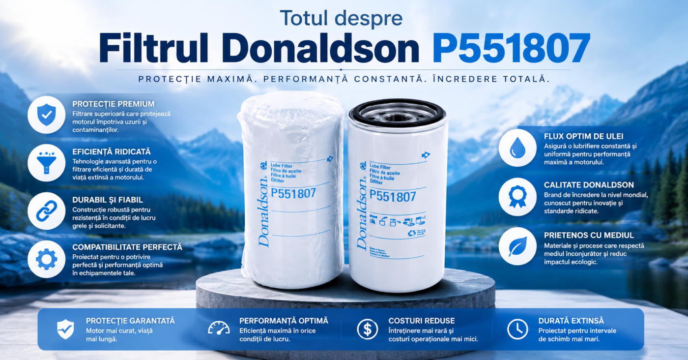 Totul despre Filtrul Donaldson P551807 piesa care asigura o protectie maxima motorului tau prin filtrarea corecta a impuritatilor si mentinerea unui debit optim de ulei
